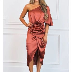 Rust Satin One Shoulder Midi dress!
